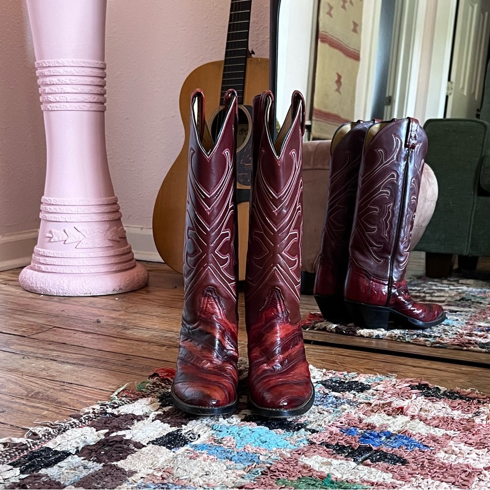 Tony Lama Black Label Burgundy Eel Skin and Leather Vintage Cowboy Boots